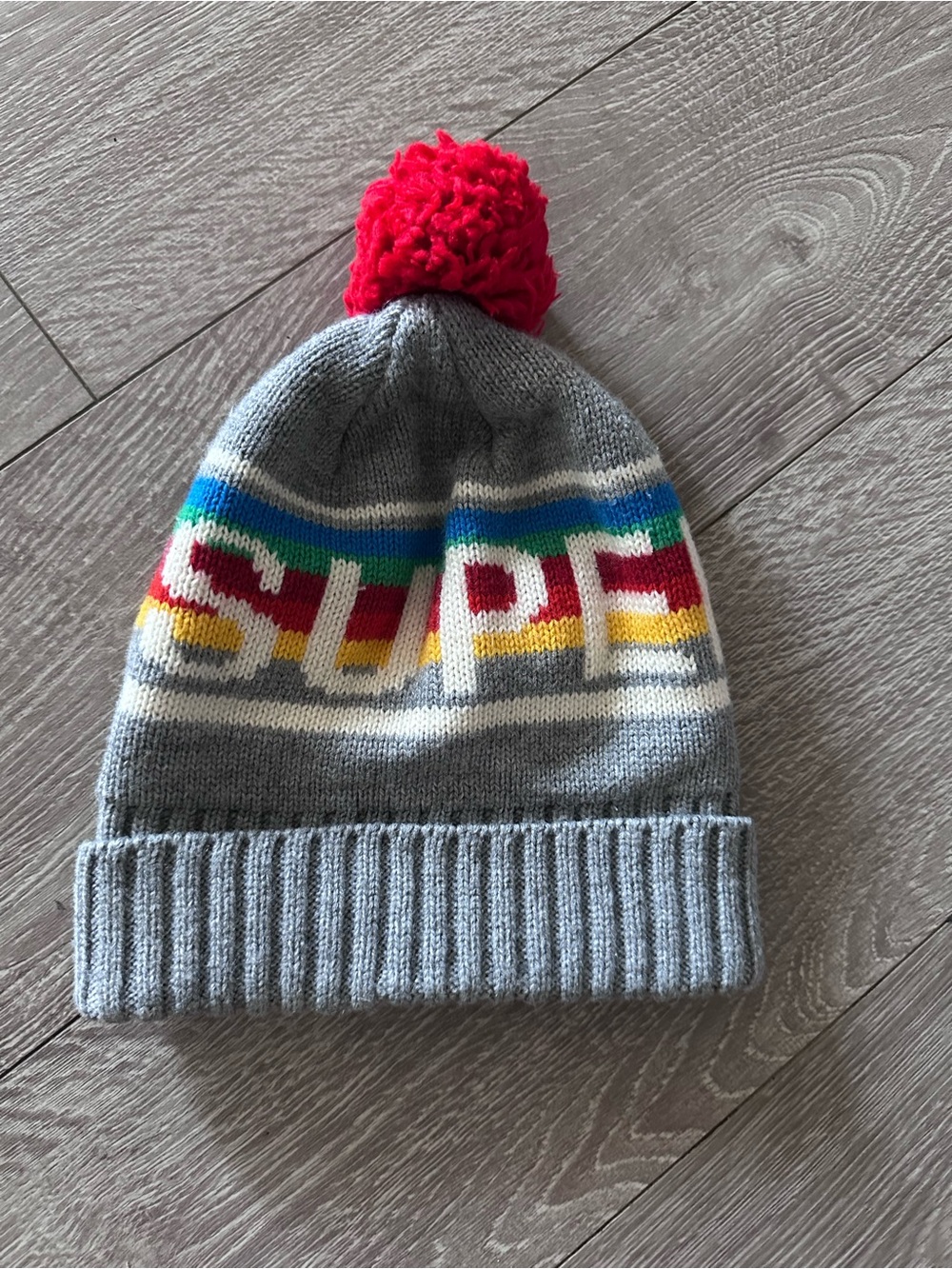Superdry Grey Knit Beanie with Red Pom and Multicolor Stripe